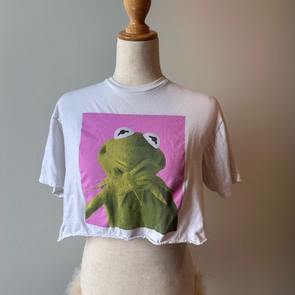 White Crop Top with Kermit Graphic